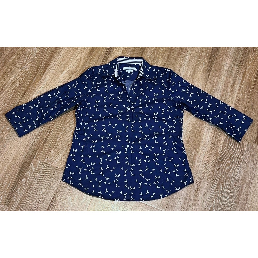 Foxcroft NYC Easy Care Navy Blue White Bird Print 3/4 Sleeve Button Down Shirt M